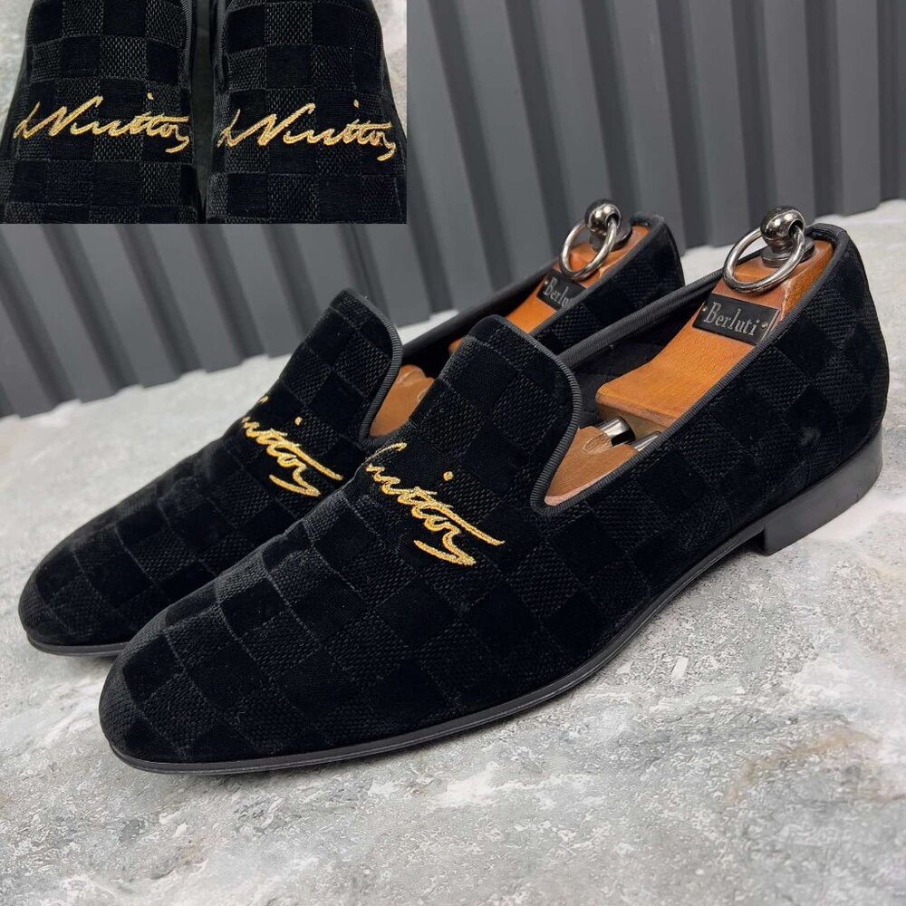 Louis Vuitton Auteuil Loafers Damier Black Velour 7.5 LV or 8.5 US or 41.5 EUR